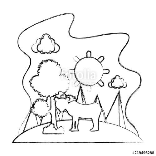 500x500 Grunge Sun With Tree And Female Lion In The Landscape Stock Image