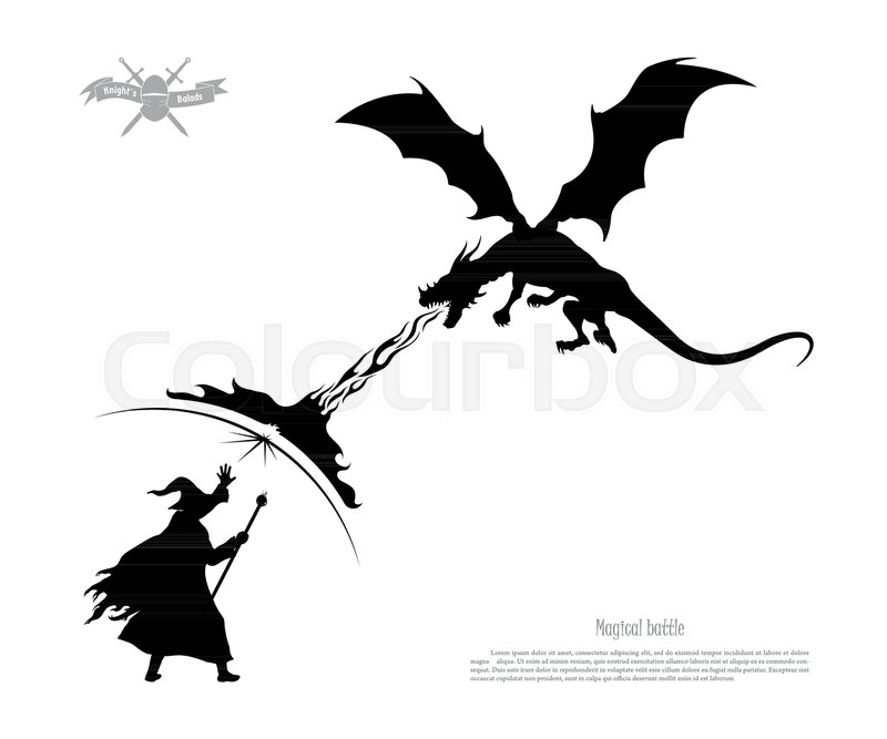 800x667 Black Silhouette Of Battle Of Wizard With Dragon On White