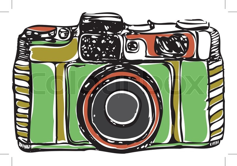 800x560 Vintage Film Camera, Black Outline, On A White Background, Vector