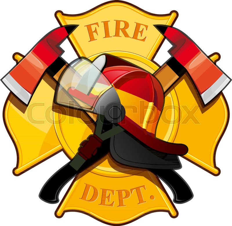 800x780 Fire Department Badge With Crossed Axes, Fire Helmet Against The