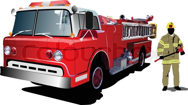 800x448 Fire Engine And Fireman Isolated On Background. Vector