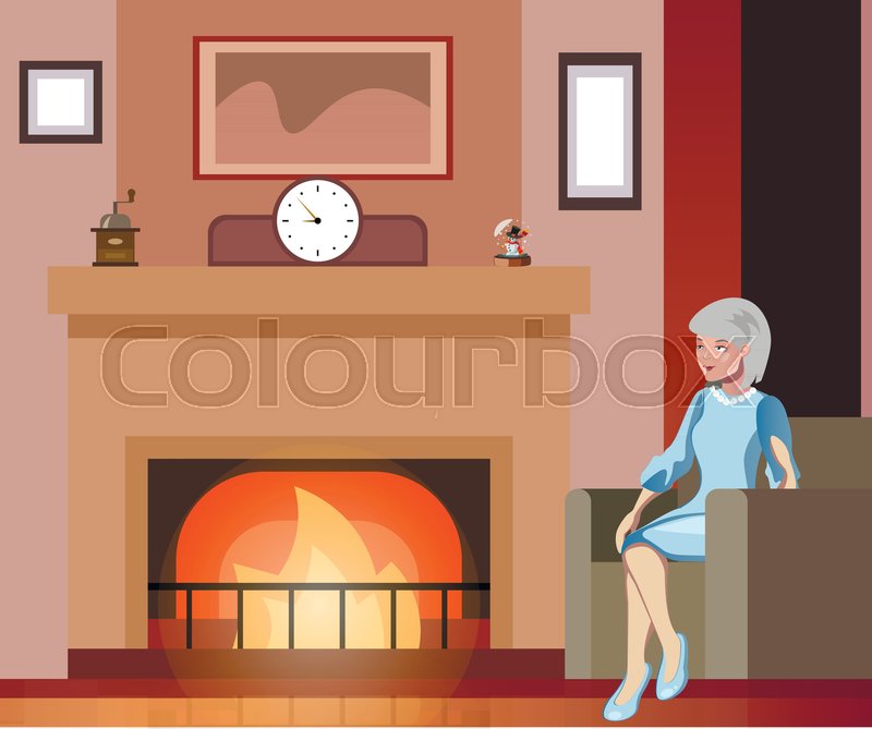 800x669 Grandmother Sits In A Chair Near The Fireplace. Vector