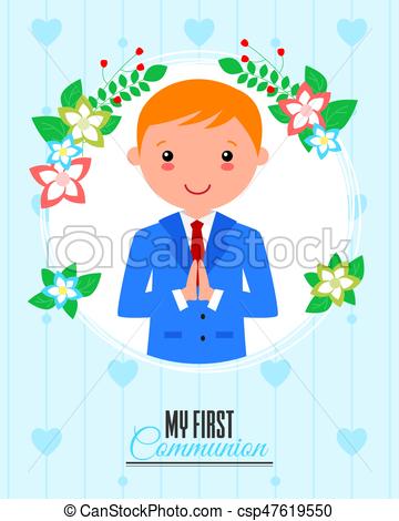 360x470 Invitation My First Communion. Boy Praying Inside A Flower