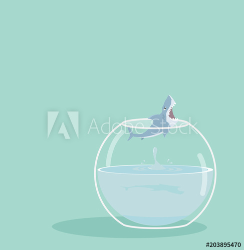 487x500 Shark Jumping Out Of Fishbowl Vector