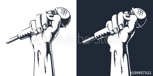 500x250 Hand Holding A Microphone In A Fist. Vector Illustration.