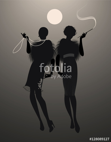 392x500 Two Elegant Flapper Girl Silhouettes Under The Moon Stock Image