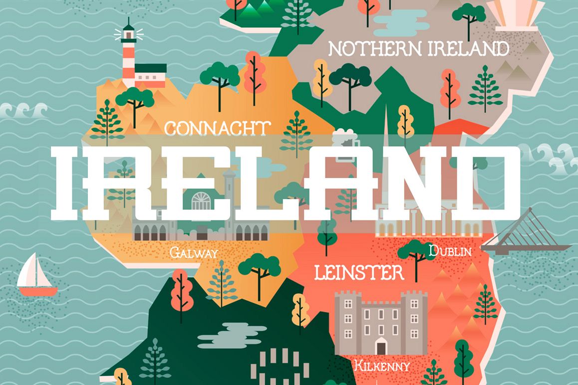 1158x772 Flat Vector Illustration With Stylized Travel Map Of Ireland. The