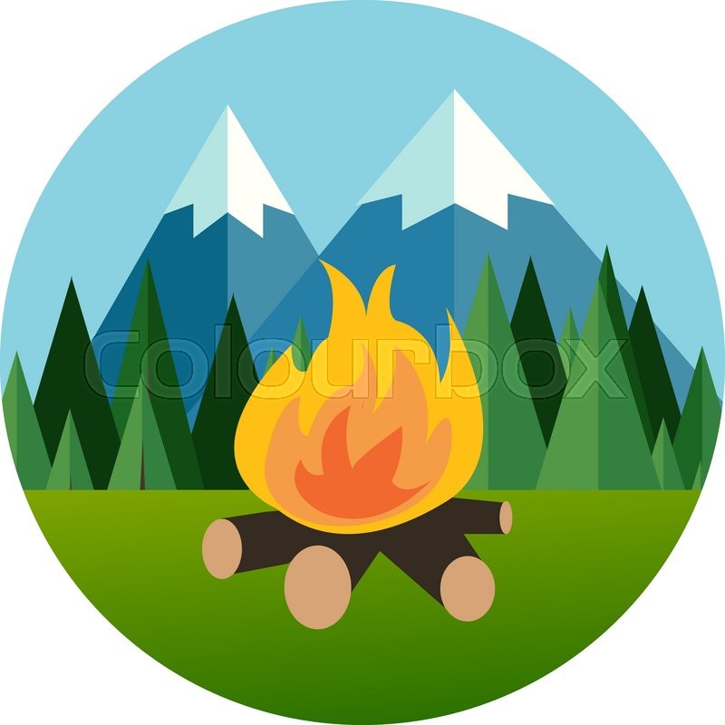 800x800 Camp Fire In Forest Mountain In Flat Icon Pine Tree Jungle Vector