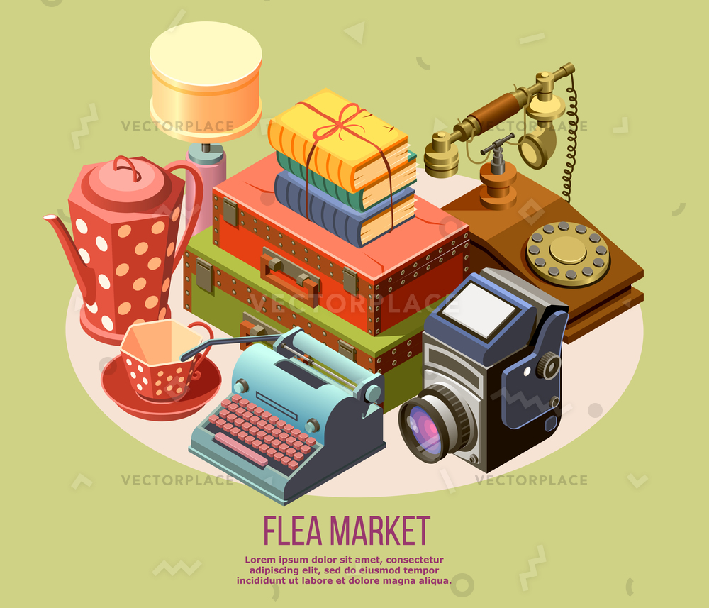 1000x857 Vintage Goods From Flea Market Isometric Vector Illustration 75395