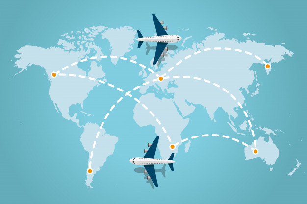 626x417 World Map Whit Dashed Trace Line And Airplanes Flying. Travel