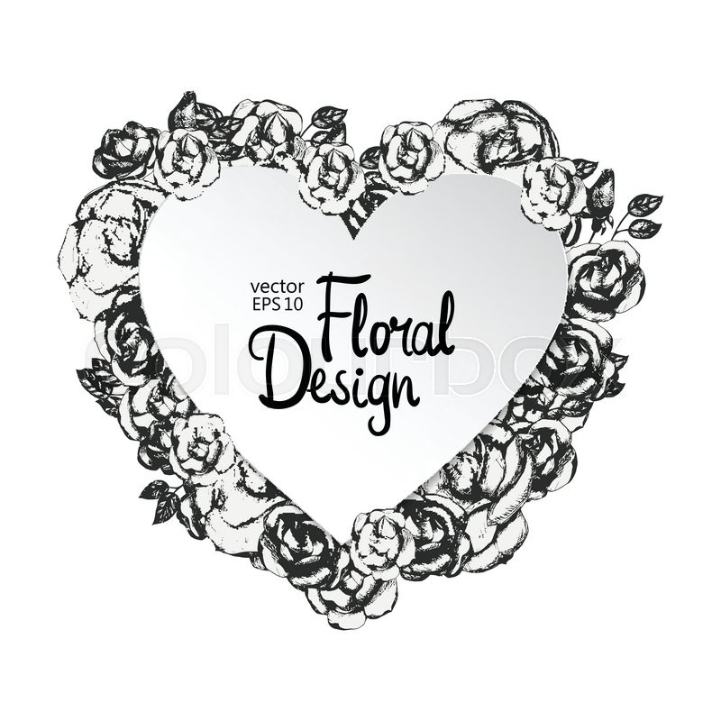 800x800 Vintage Floral Heart Shaped Vector Frame. Black And White. Hand