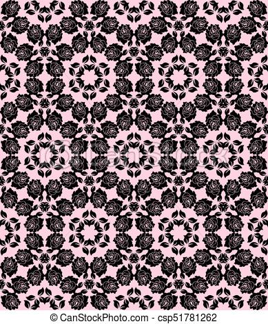 389x470 Floral Lace Pattern. Seamless Black Floral Lace On A Pink Background.