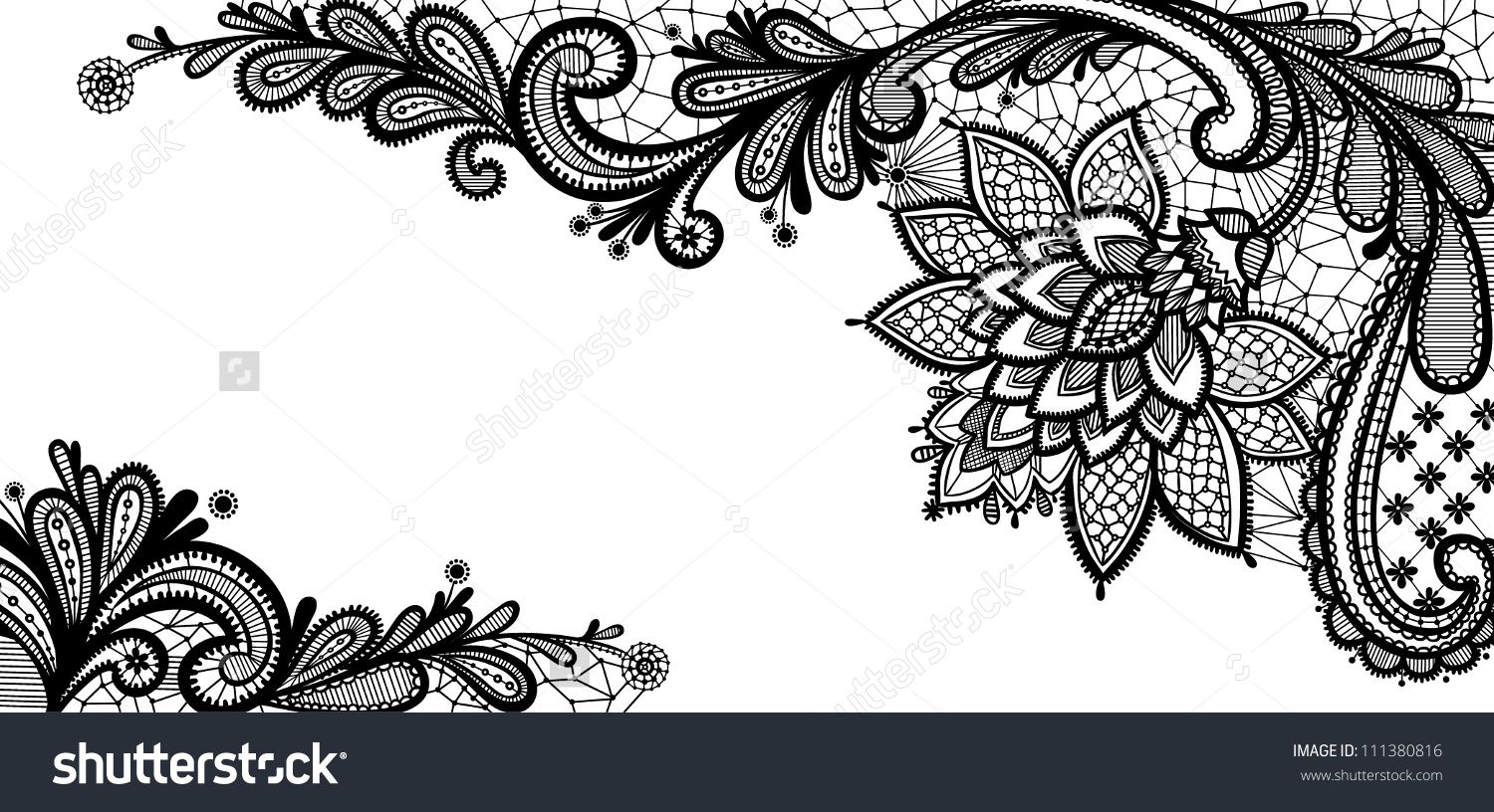 1500x816 Black Lace Vector Design. Old Lace Background, Ornamental Flowers