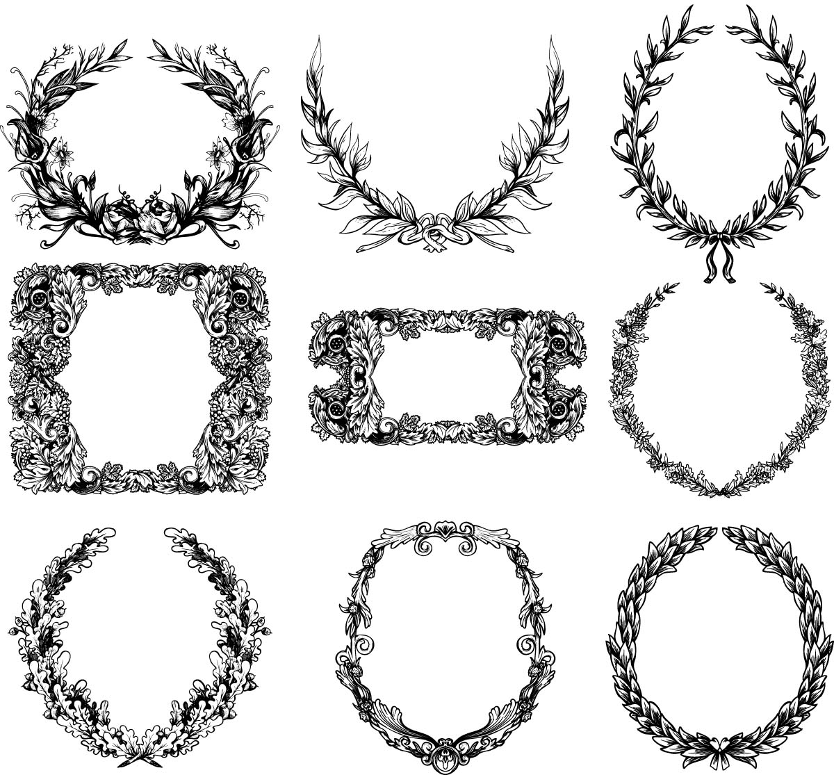 1200x1115 Vintage Monochrome Floral Wreaths Set Free Download