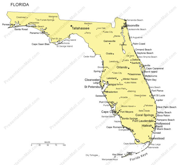 588x543 Florida Outline Map With Capitals Amp Major Cities Digital Vector