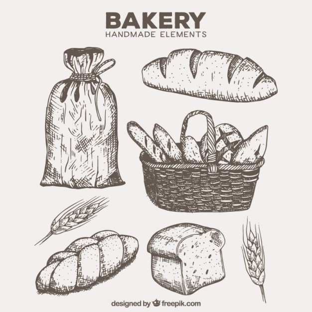 626x626 Hand Drawn Bakery Products With Basket And Flour Vector Free
