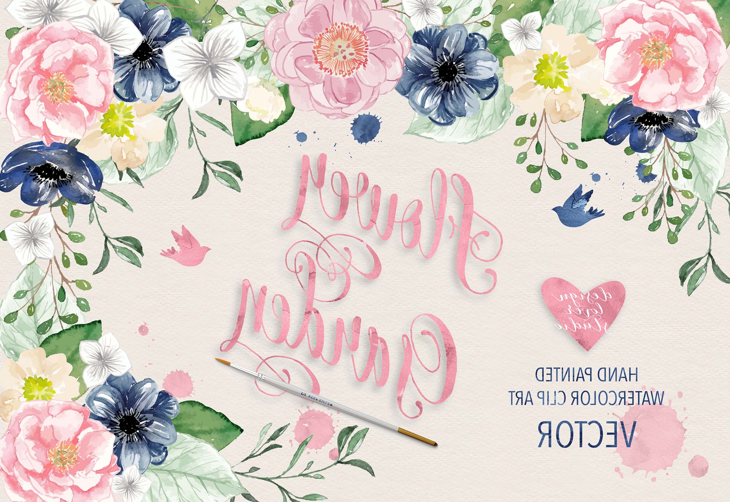 2400x1650 Vector Watercolor Navy Blue And Pink Flower Garden Clipart