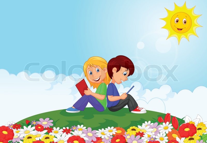 800x553 Vector Illustration Of Cartoon Boy And Girl Reading Book In The