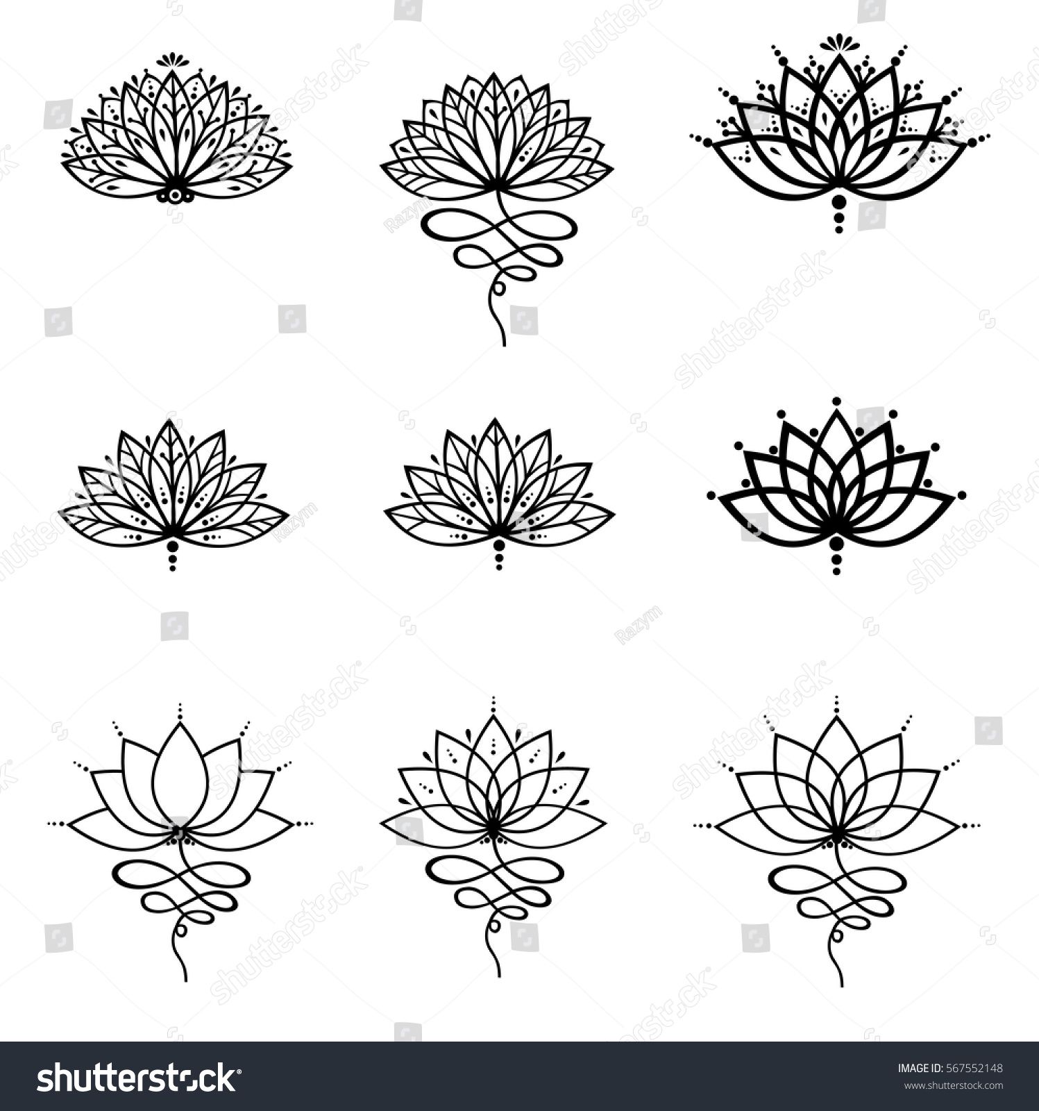 1497x1600 Set Ornamental Lotus Flower Vector Illustrtation Tattoo, Patterned