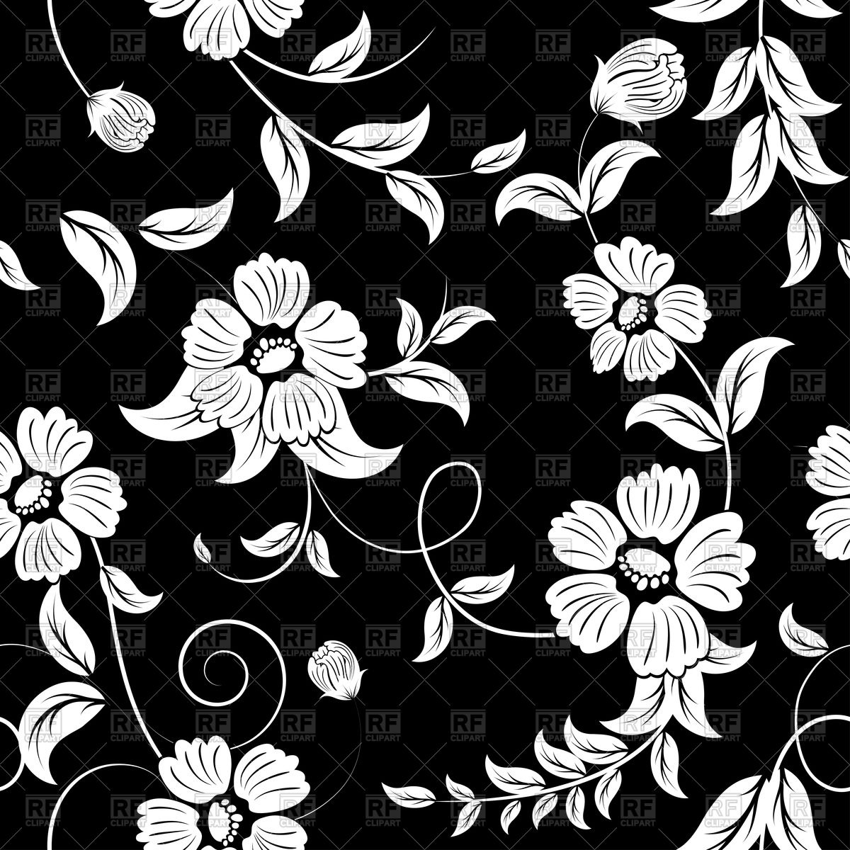 1200x1200 Seamless Black Floral Pattern With White Flowers Vector Image