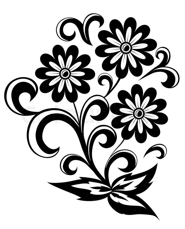 646x800 Black And White Abstract Flower With Leaves And Swirls Isolated On
