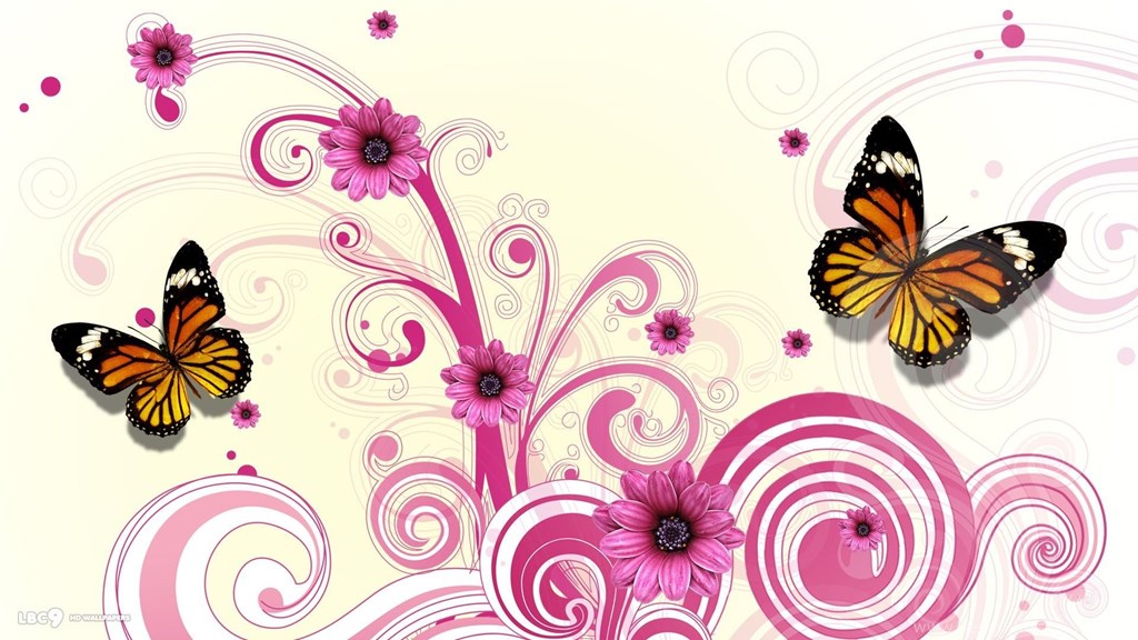1024x576 Butterfly Pink Flower Vector Wallpaper.jpg Desktop Background