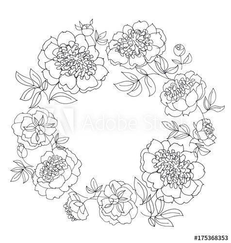476x500 Peony Flower Wreath Vector Illustration. Line Sketch Hand Drawn