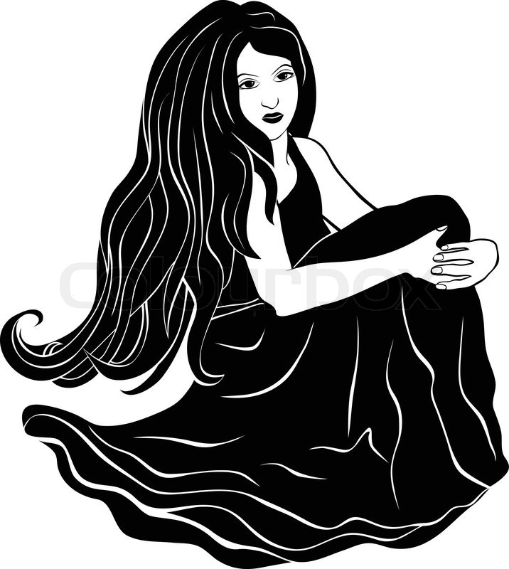 716x800 Beautiful Girl Sitting With Flowing Hair, Black Stencil Stock