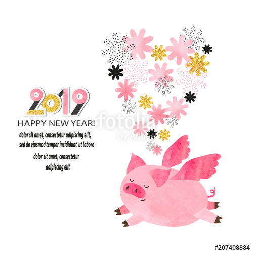 500x500 Happy New Year 2019 Greeting Card. Cute Watercolor Flying Pig