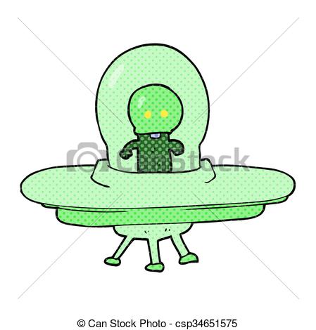 449x470 Freehand Drawn Cartoon Alien In Flying Saucer.