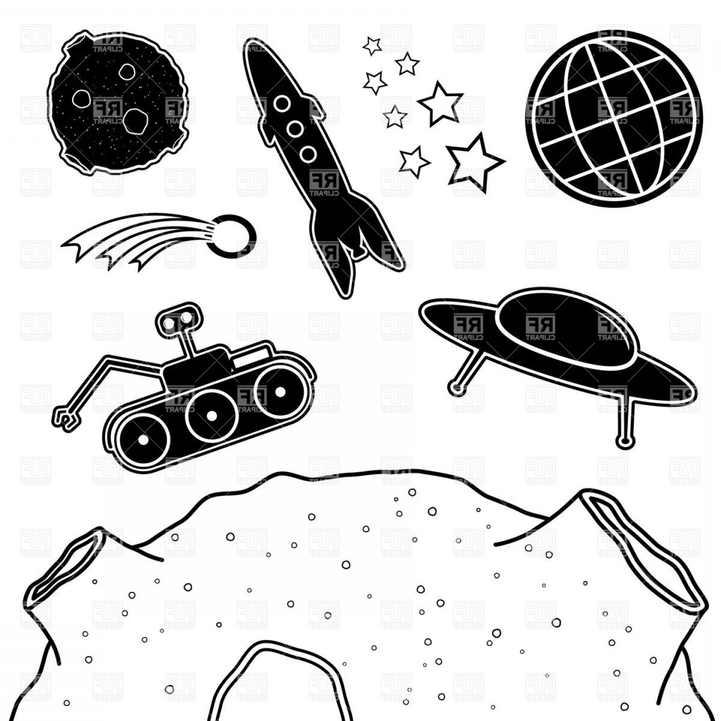 1440x1440 Space Objects Cartoon Icons Of Planet Ufo Craters And Flying