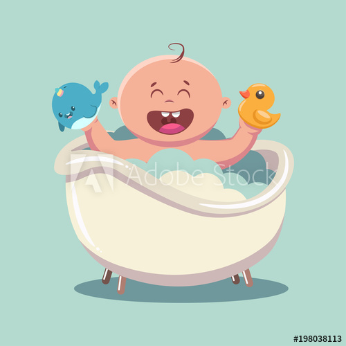 500x500 Kid In Bath With Soap Bubbles And Foam. Vector Cartoon