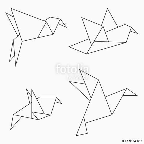 500x500 Origami Bird Collection. Set Of Line Geometric Shape For Art Of