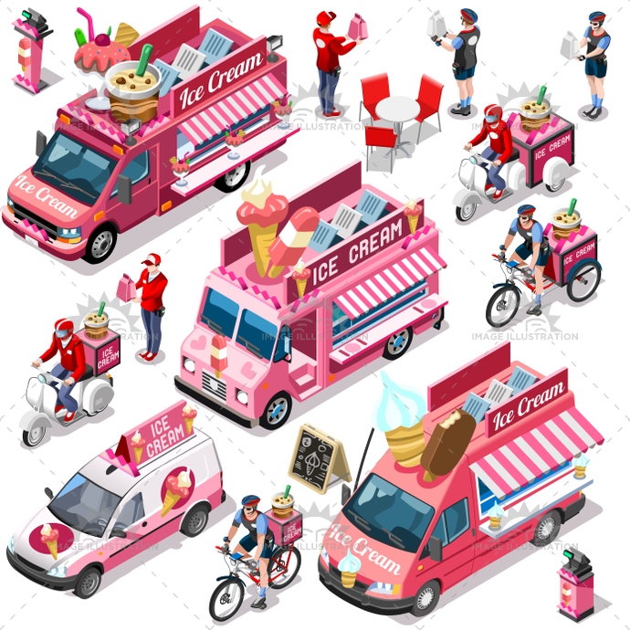 690x690 Food Truck Van Ice Cream Cart Vector Isometric Vehicle Bundle