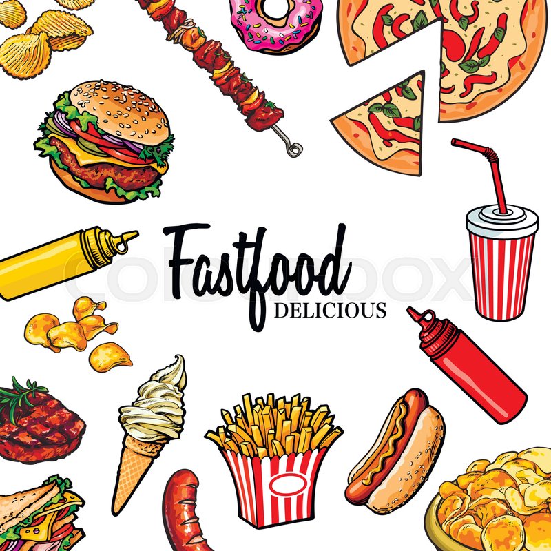 800x800 Sketch Style Hand Drawn Fast Food Vector Frame. Pizza, Burger, Hot