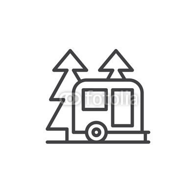 400x400 Travel Camper Trailer In Forest Line Icon, Outline Vector Sign
