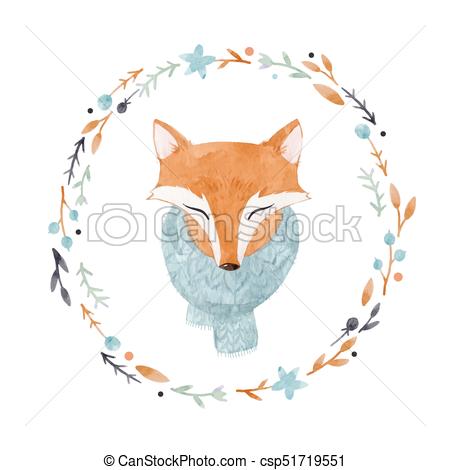 450x470 Watercolor Fox Vector Portrait. Beautiful Watercolor Vector