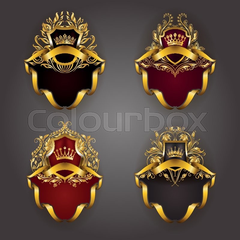 800x800 Set Of Golden Royal Shields For Graphic Design On Background. Old