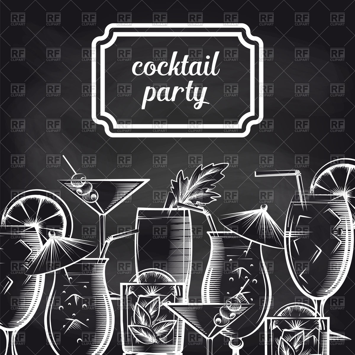 1200x1200 Cocktail Party Chalkboard Background With Hand Drawn Drinks Vector