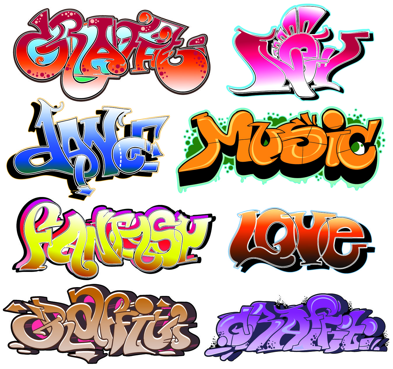 1348x1266 Free Vector Beautiful Graffiti Font Design 03 Vector Art Boards