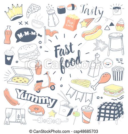 450x470 Fast Food Hand Drawn Doodle With Burger, Snacks And Drinks