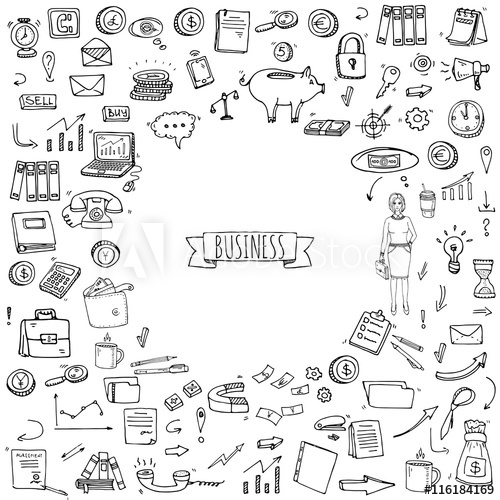 500x500 Hand Drawn Doodle Business Set. Vector Illustration. Finance And
