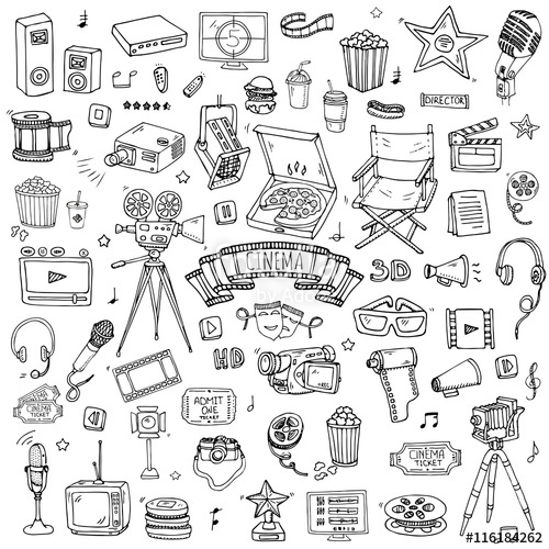 500x500 Hand Drawn Doodle Cinema Set. Vector Illustration. Movie Making