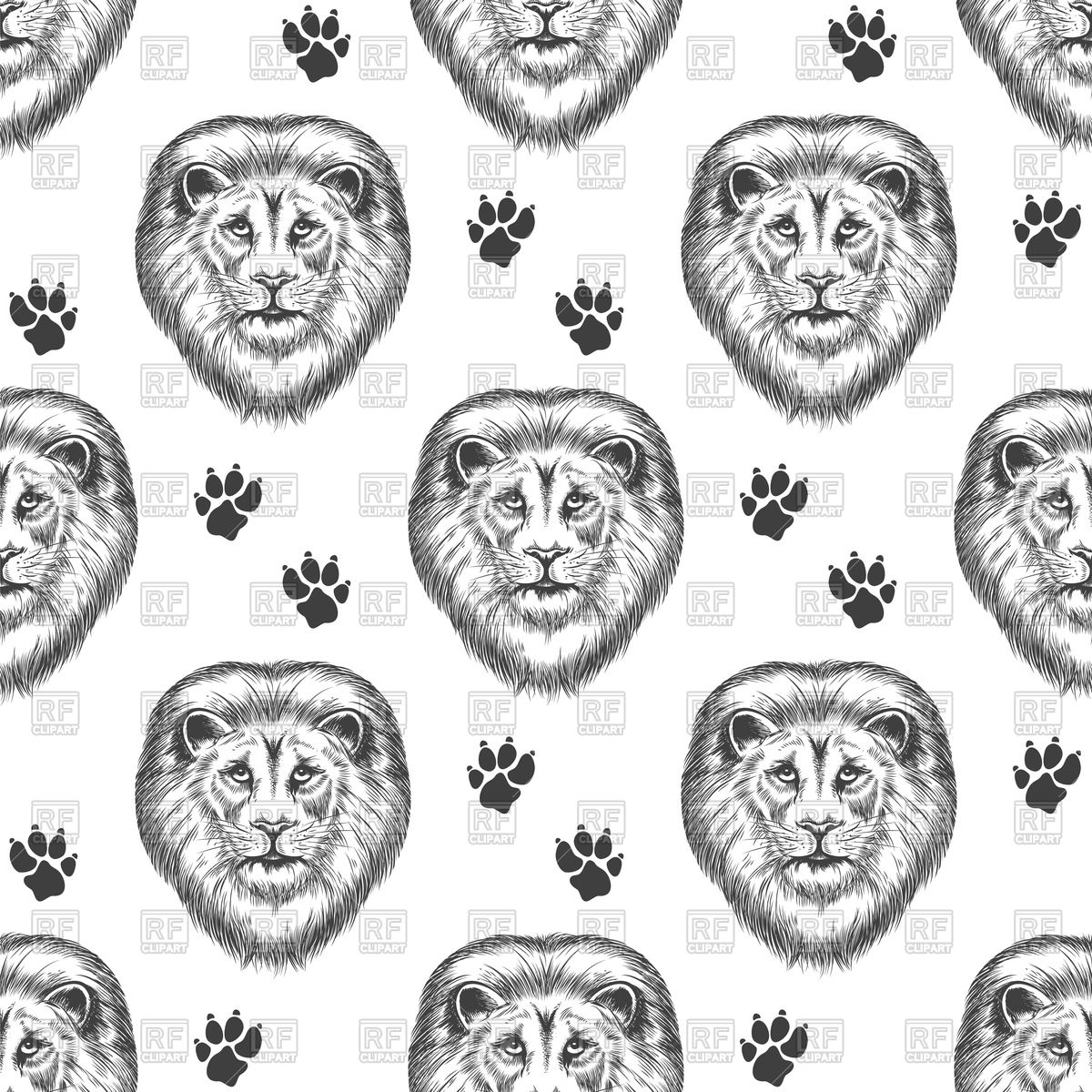 1200x1200 Seamless Pattern With Lion Head And Lion Footprints Vector Image