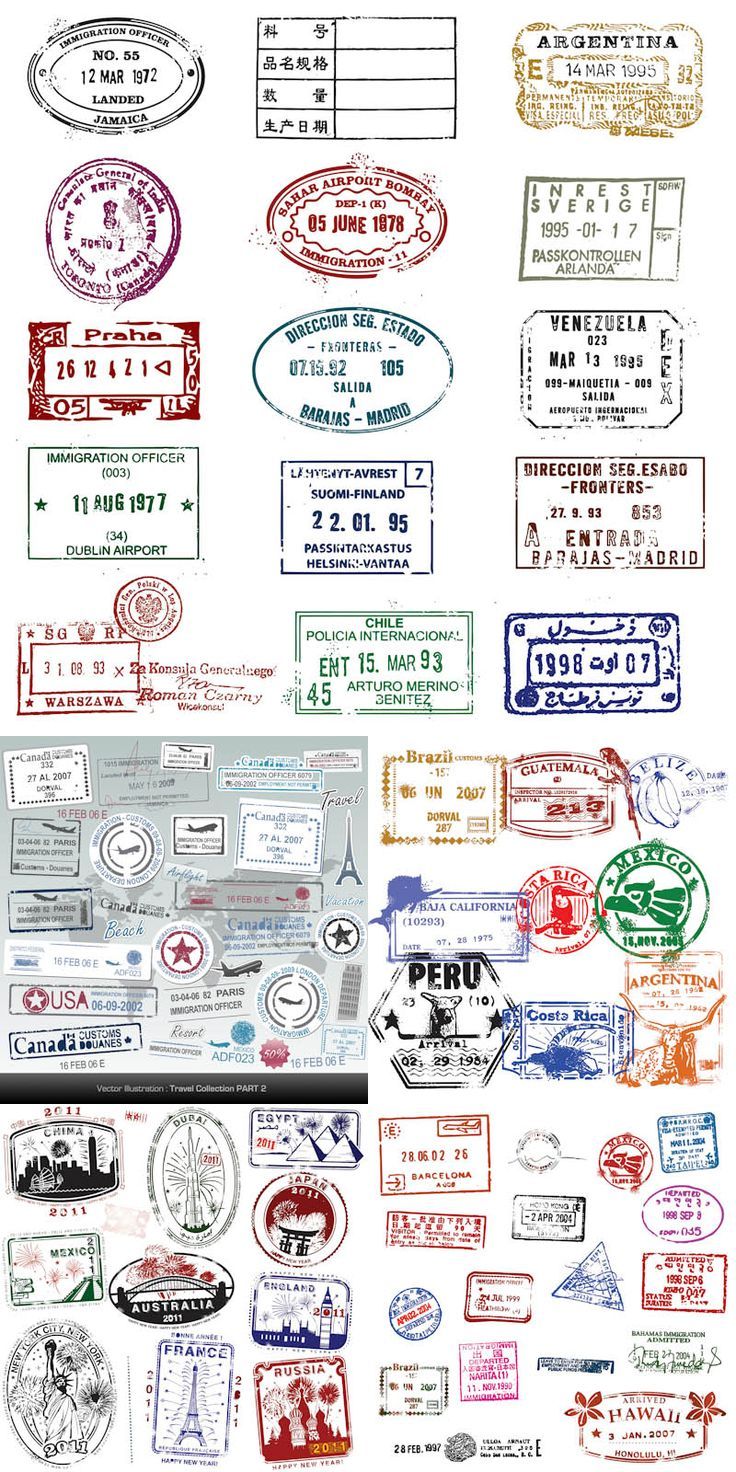 736x1472 Passport Stamps Vector. 5 Sets With Different Vector Passport