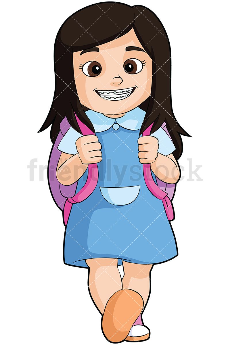 800x1200 Little Girl With Braces Going To School Vector Cartoon Clipart