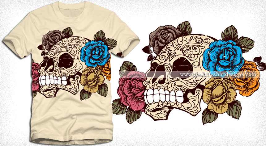 860x473 Sugar Skull With Roses T Shirt Design Vector Vector T Shirt