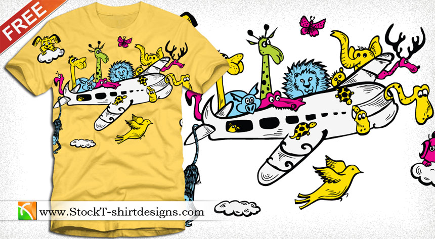 860x473 Cartoon Animals Riding Airplane With Free Vector Art T Shirt