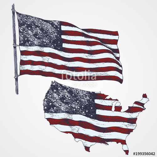 500x500 American Flag Waving Illustration. Map Of Usa. Hand Drawn Color
