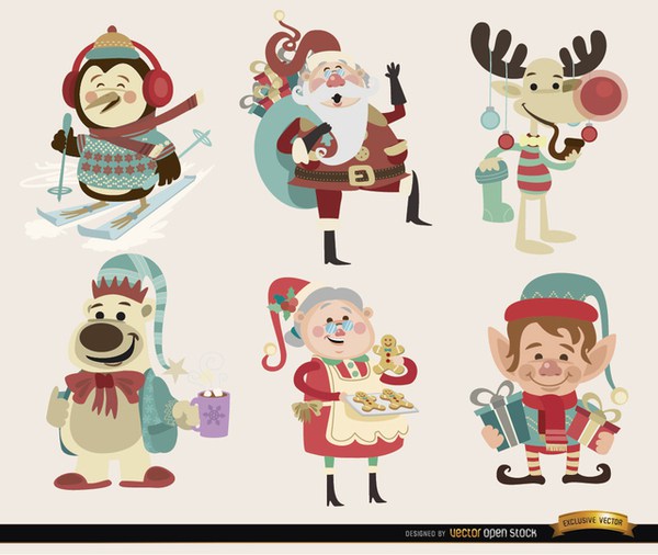 600x506 6 Christmas Cartoon Characters Free Vector 123freevectors